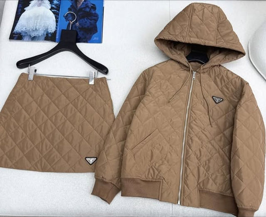 Prada Brown Qilted Re-Nylon jacket with mini skirt