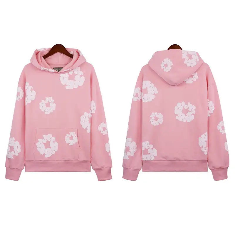 Flame Wood Cotton Puff Print Loose Velvet Padded Hooded Sweatshirt