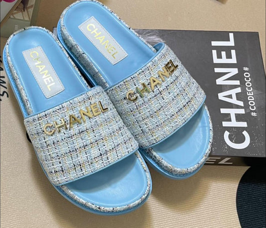 Chanel Women’s Tweed Blue Slide Sandals