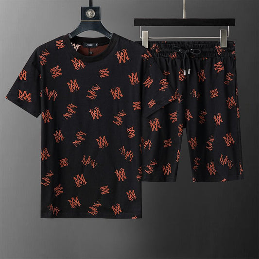 Men’s Black Two-Piece T-Shirt and Shorts Set – Red Logo Print