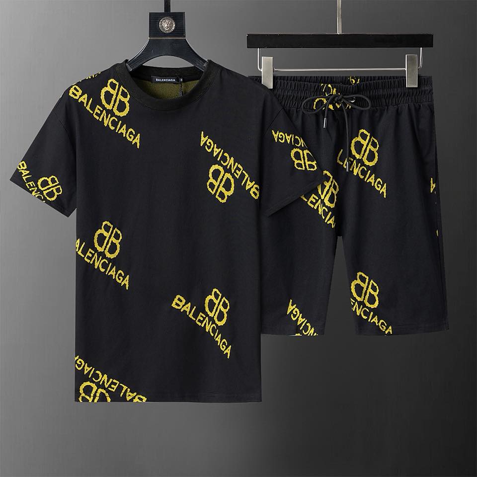 Balenciaga Men’s Black T-Shirt and Shorts Set – Yellow Logo Print