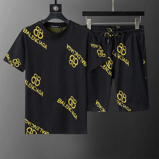 Balenciaga Men’s Black T-Shirt and Shorts Set – Yellow Logo Print